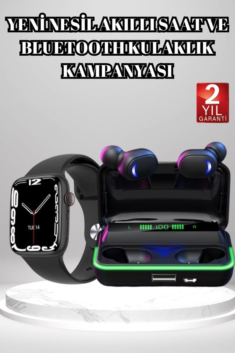 Ucuz ve Kaliteli Kulaklıklı Saat Seti Bluetooth Bağlantılı Akıllı Saat ve Kulaklık