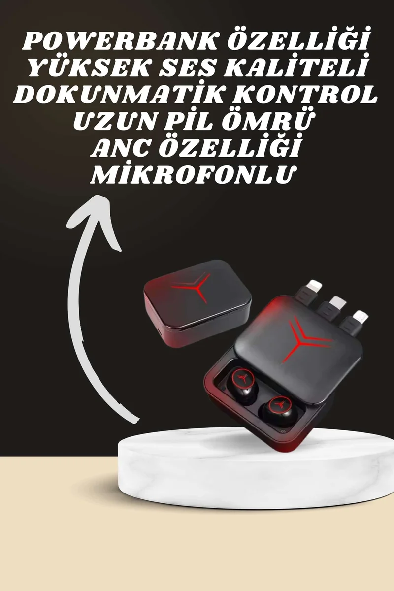 Dijital Göstergeli Powerbank Kablosuz Kulaklık ve 7 Kordonlu Yeni Nesil Akıllı Saat Dokunmatik Kontrol
