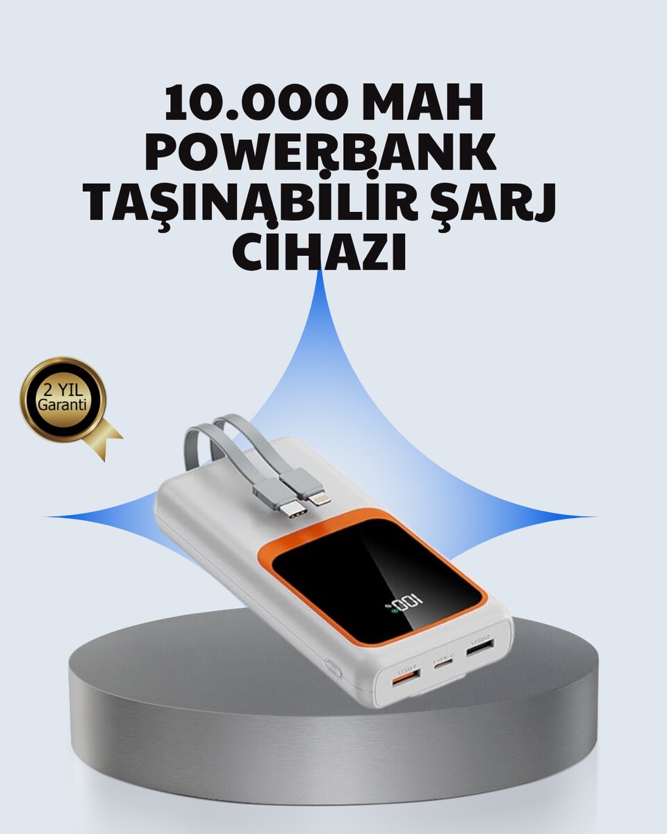 Kompakt 10000 mAh Powerbank – Dijital Göstergeli, Type-C ve Lightning Uyumlu Kompakt 10000 mAh Powerbank – Dijital Göstergeli, Type-C ve Lightning Uyumlu