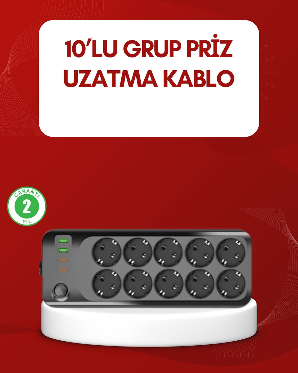 USB Type-C Destekli 10’lu Grup Priz Termal Korumalı 2m Kablo 2500W USB Type-C Destekli 10’lu Grup Priz Termal Korumalı 2m Kablo 2500W