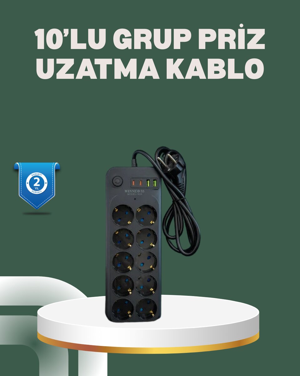 Termal Koruma Sistemli USB Type-C 10’lu Grup Priz 2m 2500W Güç Kapasiteli Termal Koruma Sistemli USB Type-C 10’lu Grup Priz 2m 2500W Güç Kapasiteli