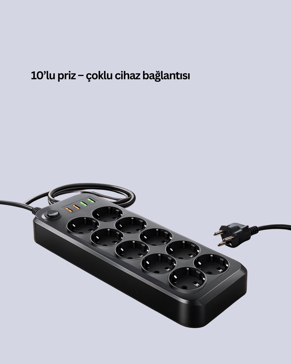 Termal Koruma Sistemli USB Type-C 10’lu Grup Priz 2m 2500W Güç Kapasiteli Termal Koruma Sistemli USB Type-C 10’lu Grup Priz 2m 2500W Güç Kapasiteli