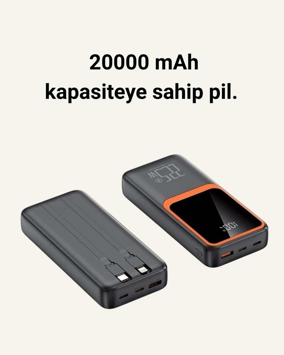 Taşınabilir Şarj Cihazı 20000 mAh | 22.5W Hızlı Şarj + Dijital Ekran + Kablo Dahil Taşınabilir Şarj Cihazı 20000 mAh | 22.5W Hızlı Şarj + Dijital Ekran + Kablo Dahil