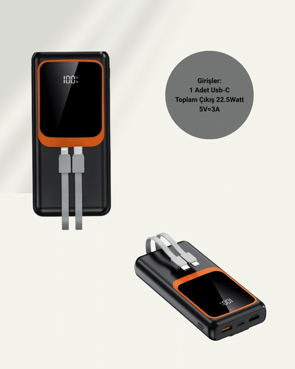 Taşınabilir Şarj Cihazı 20000 mAh | 22.5W Hızlı Şarj + Dijital Ekran + Kablo Dahil Taşınabilir Şarj Cihazı 20000 mAh | 22.5W Hızlı Şarj + Dijital Ekran + Kablo Dahil