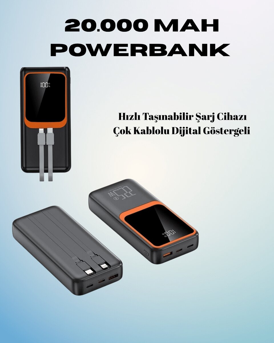 20000 mAh Powerbank | Çok Kablolu, Dijital Göstergeli, Yüksek Hızlı Şarj Cihazı 20000 mAh Powerbank | Çok Kablolu, Dijital Göstergeli, Yüksek Hızlı Şarj Cihazı