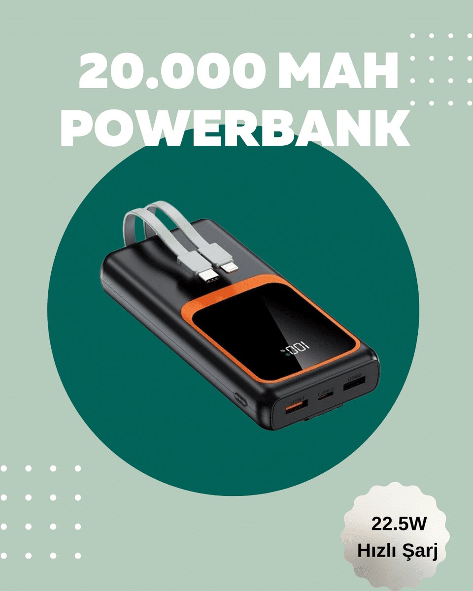 Dijital Ekranlı 20.000 mAh Powerbank | 22.5W Hızlı Şarj + Çoklu Bağlantı Seçeneği Dijital Ekranlı 20.000 mAh Powerbank | 22.5W Hızlı Şarj + Çoklu Bağlantı Seçeneği