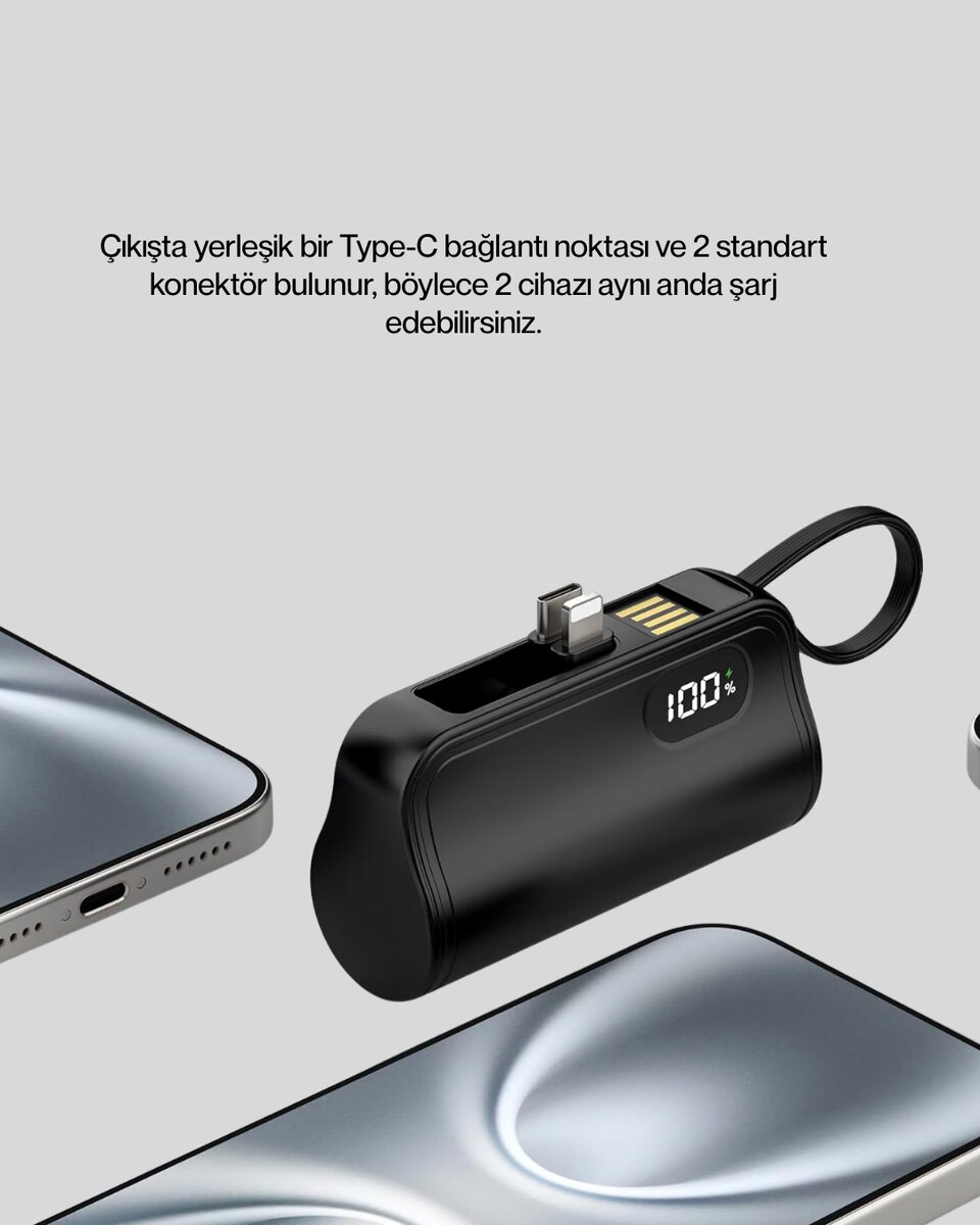 2000mAh Mini Powerbank Dahili Konektörlü PD 20W