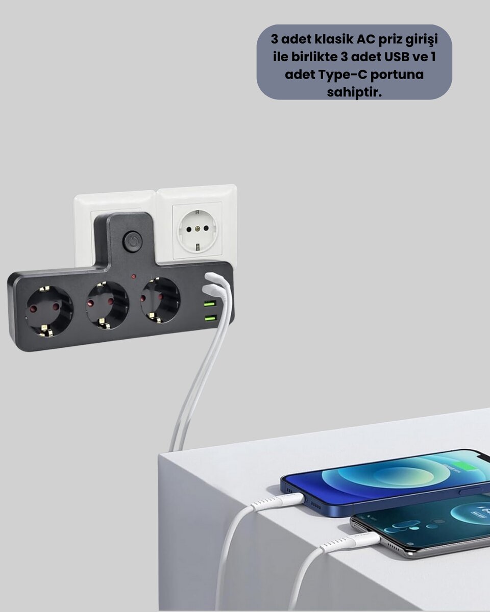 USB ve Type-C Portlu Anahtarlı Çoklu Priz Güç Ünitesi
