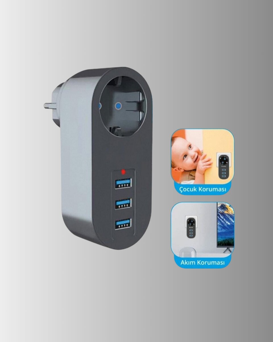 2500W Güç Destekli Akım Korumalı Priz – 3 USB Çıkışlı 2500W Güç Destekli Akım Korumalı Priz – 3 USB Çıkışlı