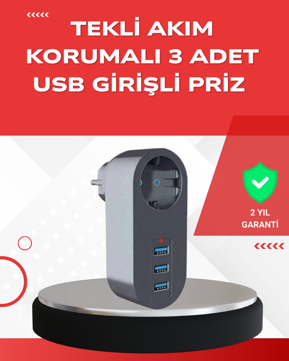 2500W Güç Destekli Akım Korumalı Priz – 3 USB Çıkışlı 2500W Güç Destekli Akım Korumalı Priz – 3 USB Çıkışlı