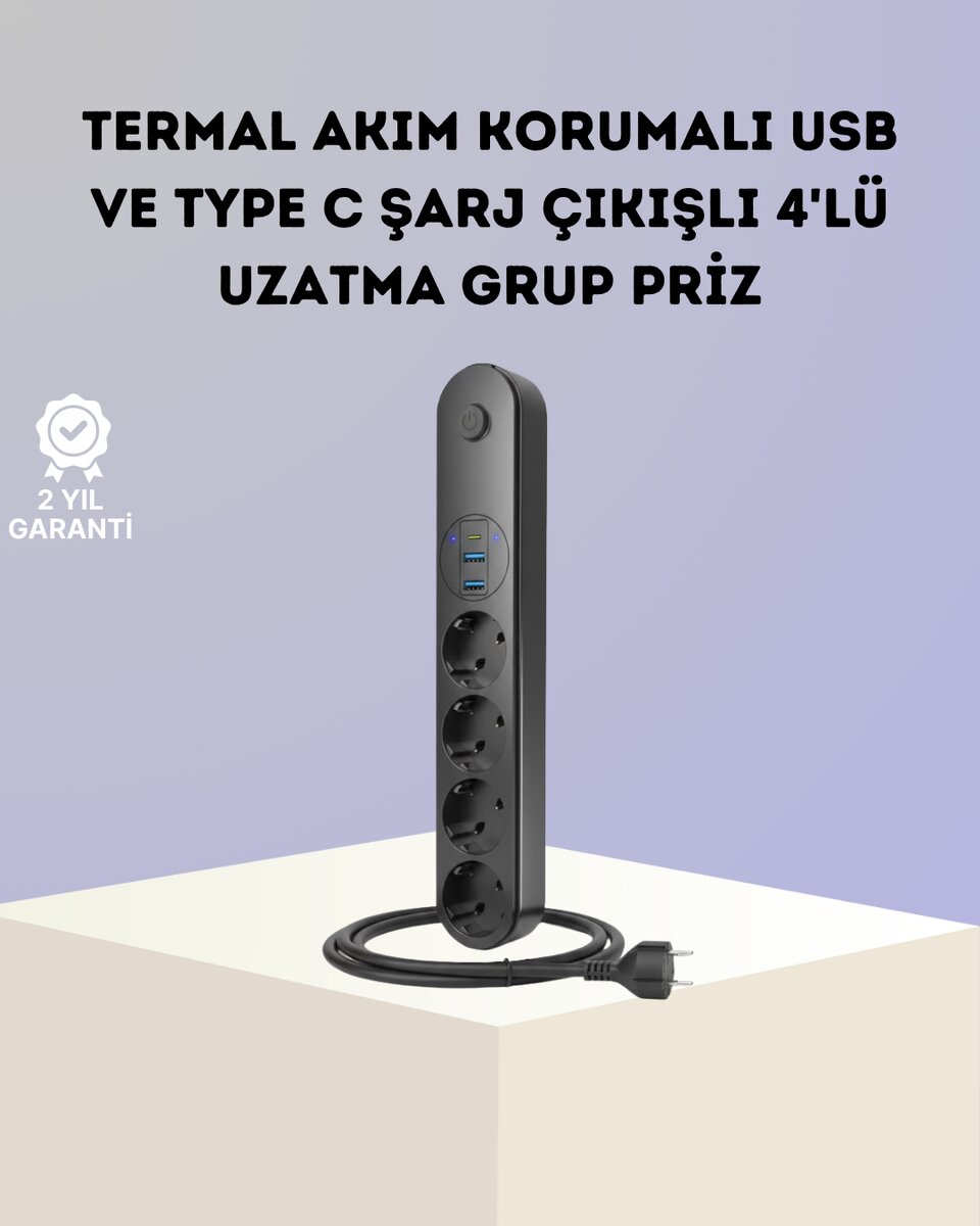 Akım Korumalı Çoklu Priz 4’lü 2 USB 1 Type-C 2500W Güçlü Tasarım Akım Korumalı Çoklu Priz 4’lü 2 USB 1 Type-C 2500W Güçlü Tasarım