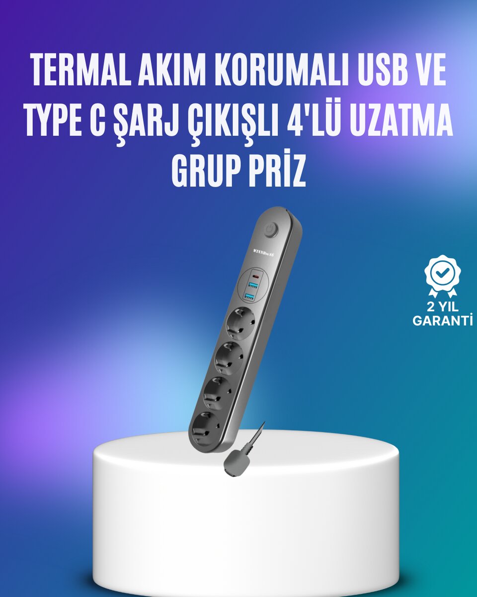 4’lü Çoklu Priz 2 USB Type-C Girişli Akım Korumalı Siyah 4’lü Çoklu Priz 2 USB Type-C Girişli Akım Korumalı Siyah