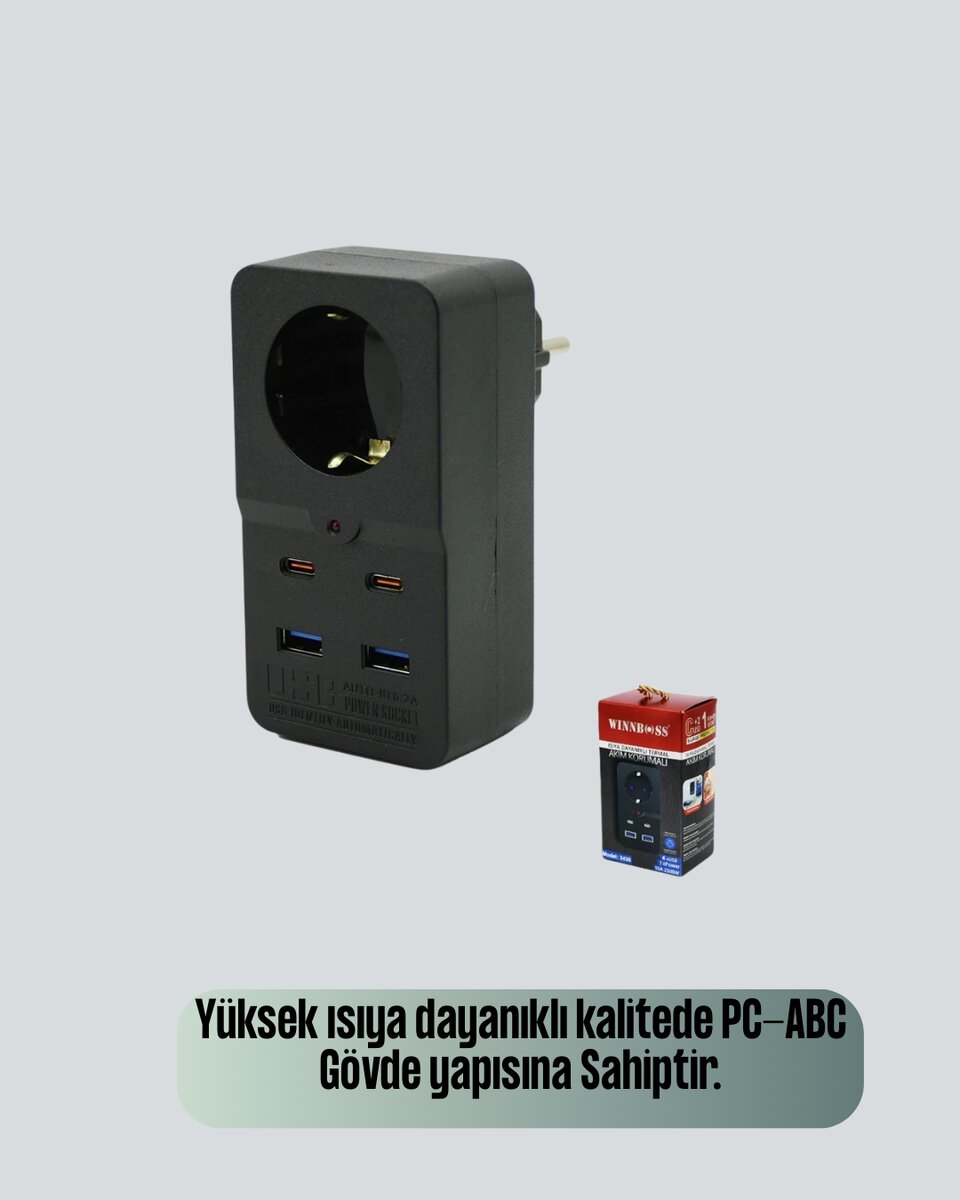 Akıllı Akım Dengelemeli Priz 2500W 4 USB Type C Çıkışlı Akıllı Akım Dengelemeli Priz 2500W 4 USB Type C Çıkışlı