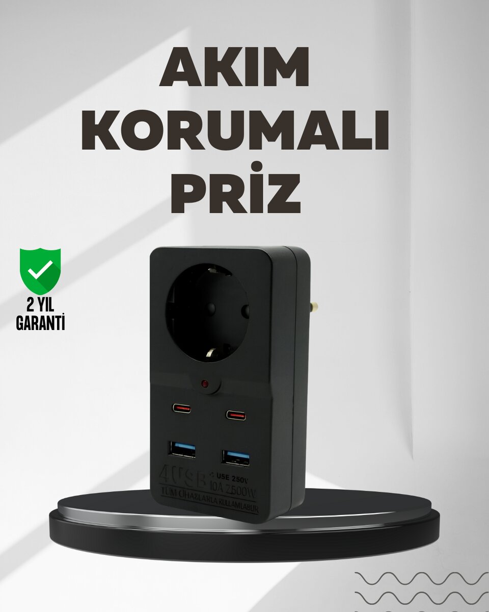 Tip Akım Koruma Prizi 10A 2500W USB Type C Destekli Tip Akım Koruma Prizi 10A 2500W USB Type C Destekli