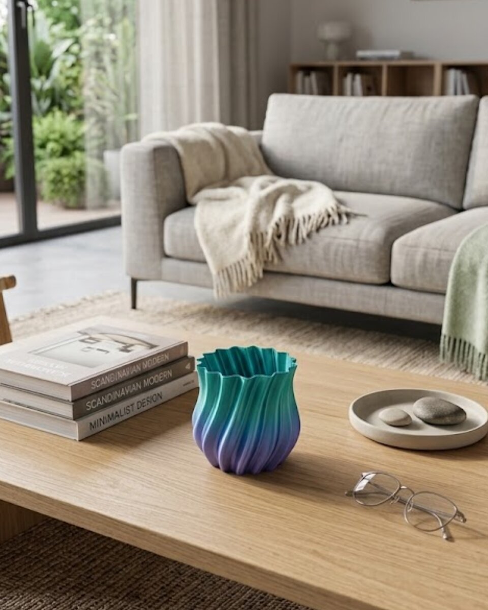 3D Kıvrımlı Mavi Vazo Modern Dekoratif Şık Ev Aksesuarı 3D Kıvrımlı Mavi Vazo Modern Dekoratif Şık Ev Aksesuarı