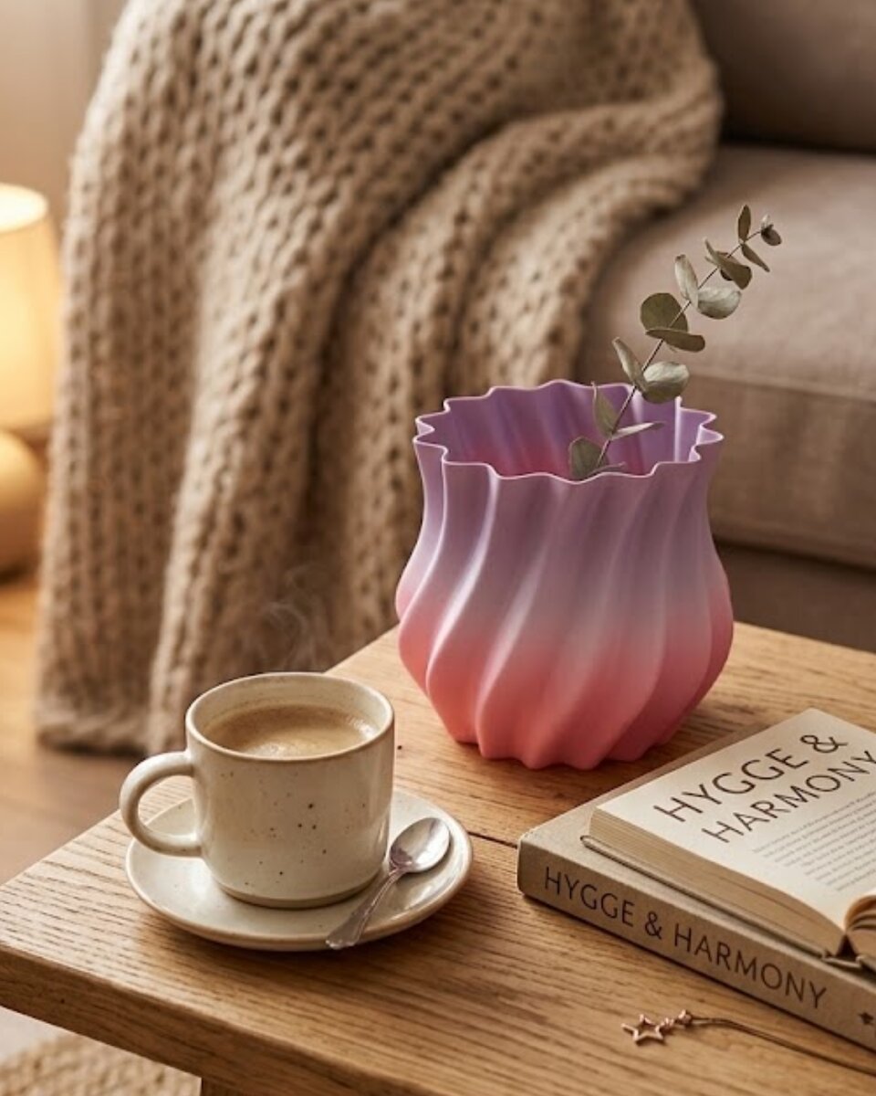 3D Kıvrımlı Pembe Lila Vazo Modern Dekoratif Şık Ev Aksesuarı