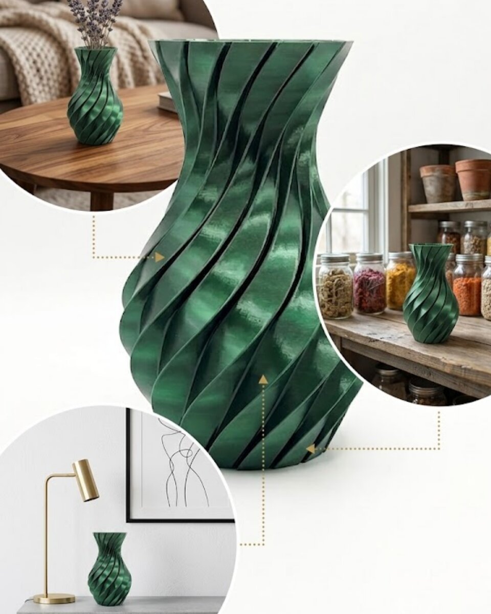 Parlak Yeşil Spiral 3D Baskı Vazo Şık Modern Dekoratif Obje Parlak Yeşil Spiral 3D Baskı Vazo Şık Modern Dekoratif Obje