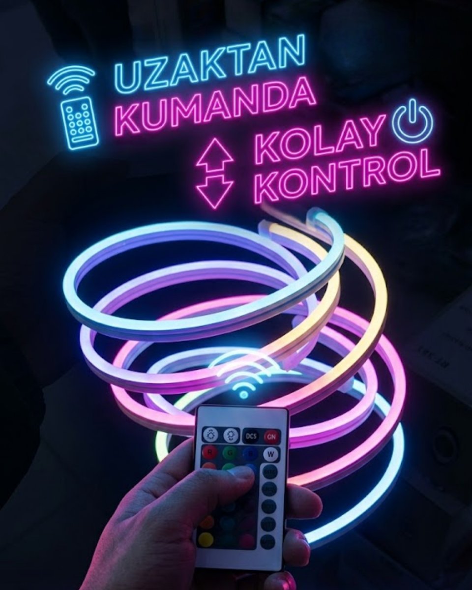 RGB Akıllı LED Neon Şerit Işık 3 Metre Uzaktan Kumandalı ve Telefon Kontrollü Renkli Aydınlatma RGB Akıllı LED Neon Şerit Işık 3 Metre Uzaktan Kumandalı ve Telefon Kontrollü Renkli Aydınlatma