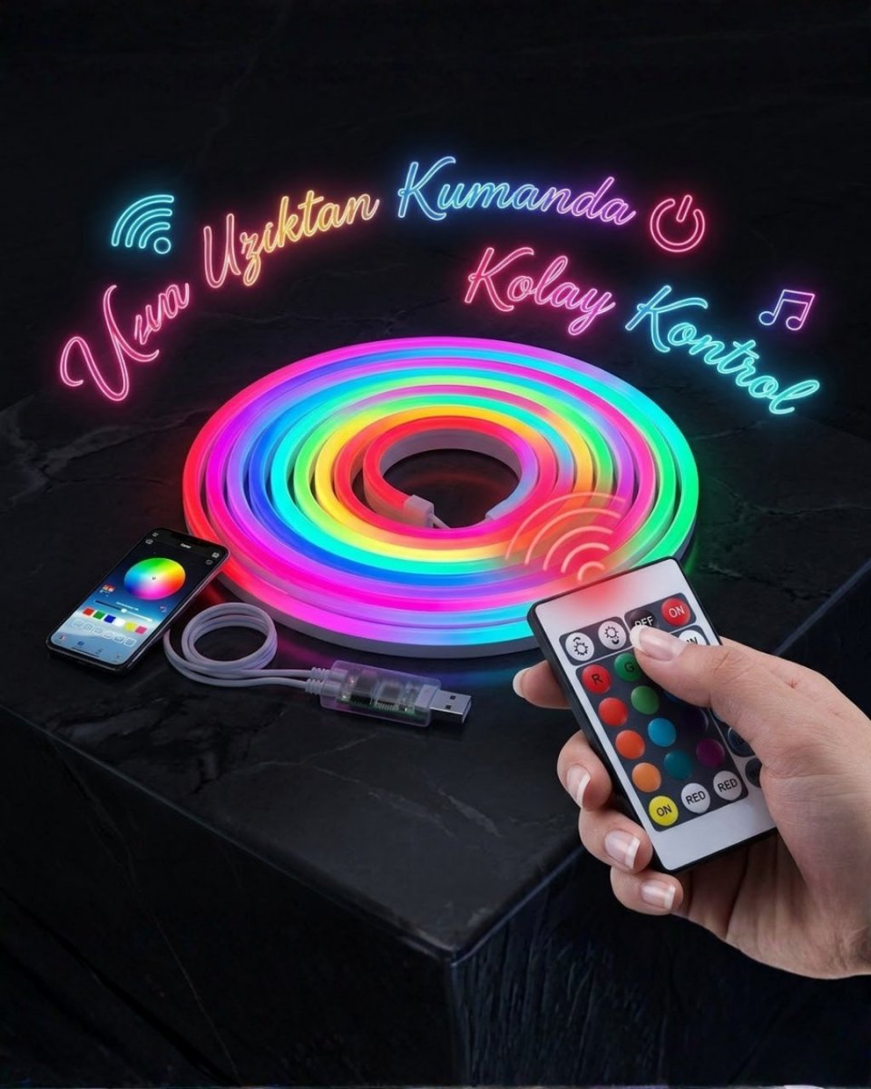 3 Metre RGB Akıllı Neon LED Şerit Işık Telefon ve Kumanda Kontrollü Ambiyans Aydınlatma 3 Metre RGB Akıllı Neon LED Şerit Işık Telefon ve Kumanda Kontrollü Ambiyans Aydınlatma