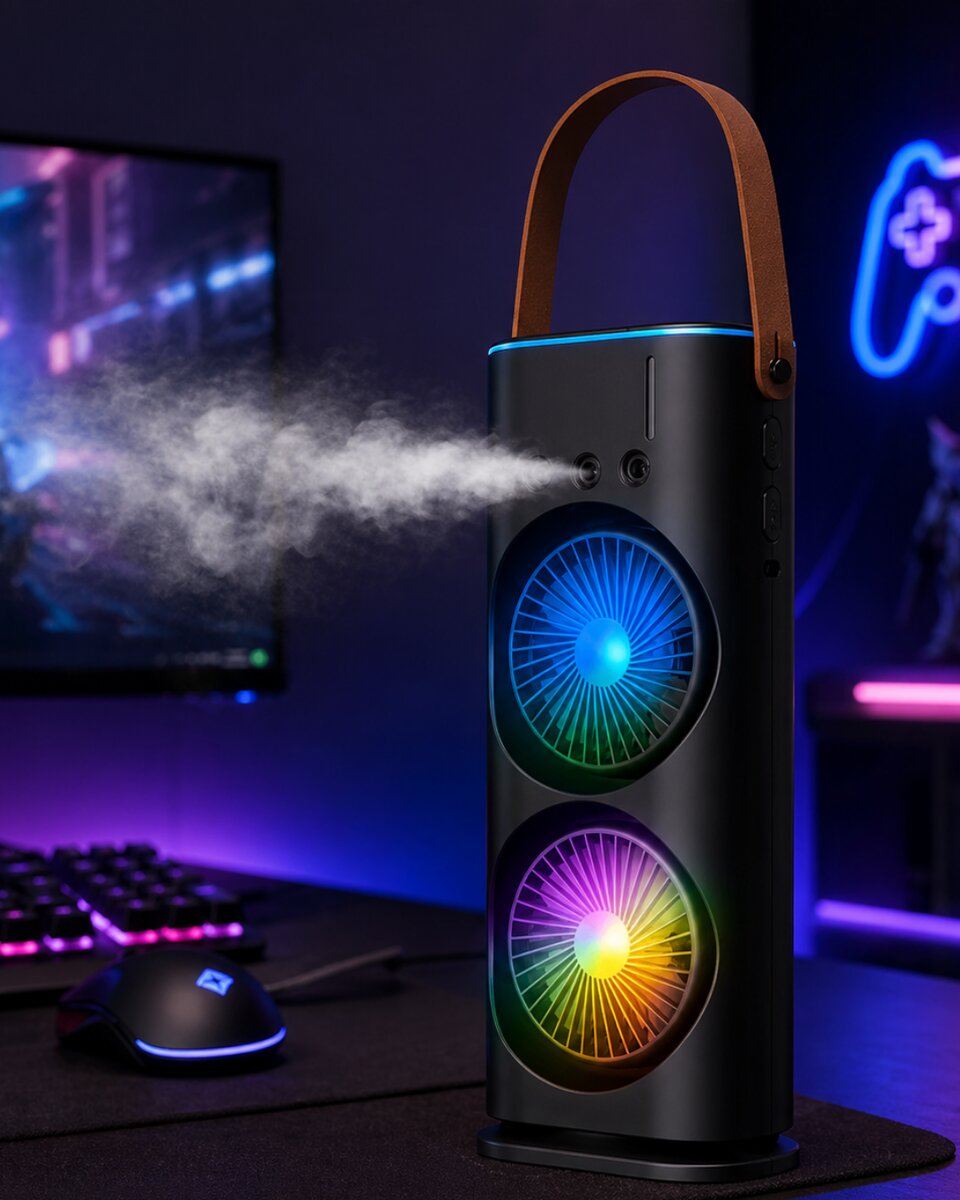 RGB Işıklı Spreyli Masa Fanı Çift Motorlu Güçlü Üflemeli Taşınabilir Fan RGB Işıklı Spreyli Masa Fanı Çift Motorlu Güçlü Üflemeli Taşınabilir Fan
