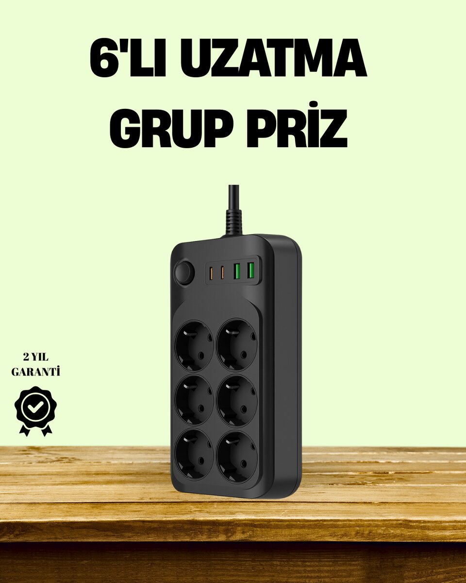 2500W Güçlü 6’lı Priz USB ve Type-C Çıkışlı Termal Korumalı