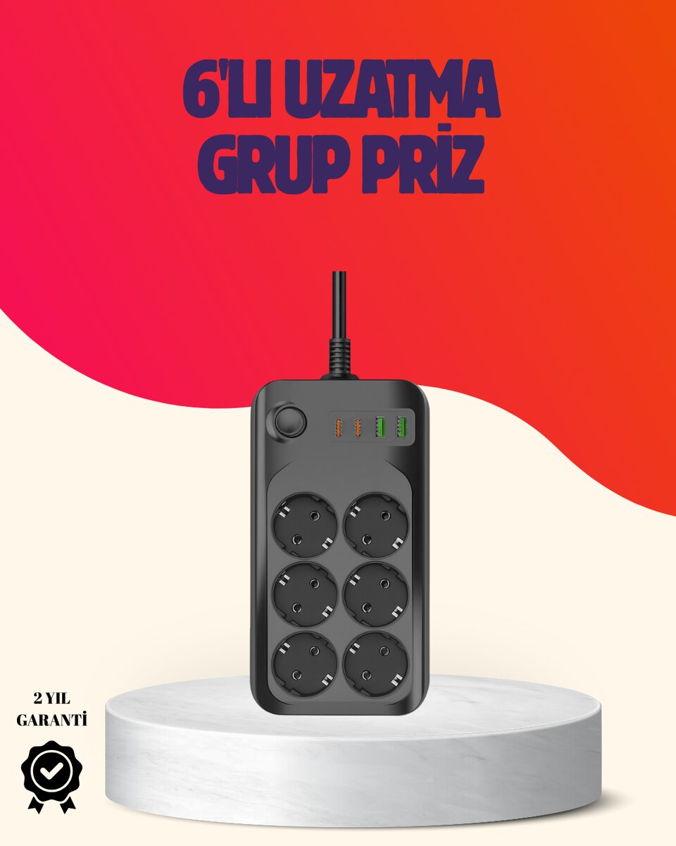 USB Type-C Destekli Termal Korumalı 6’lı Uzatma Priz 10A 2m USB Type-C Destekli Termal Korumalı 6’lı Uzatma Priz 10A 2m