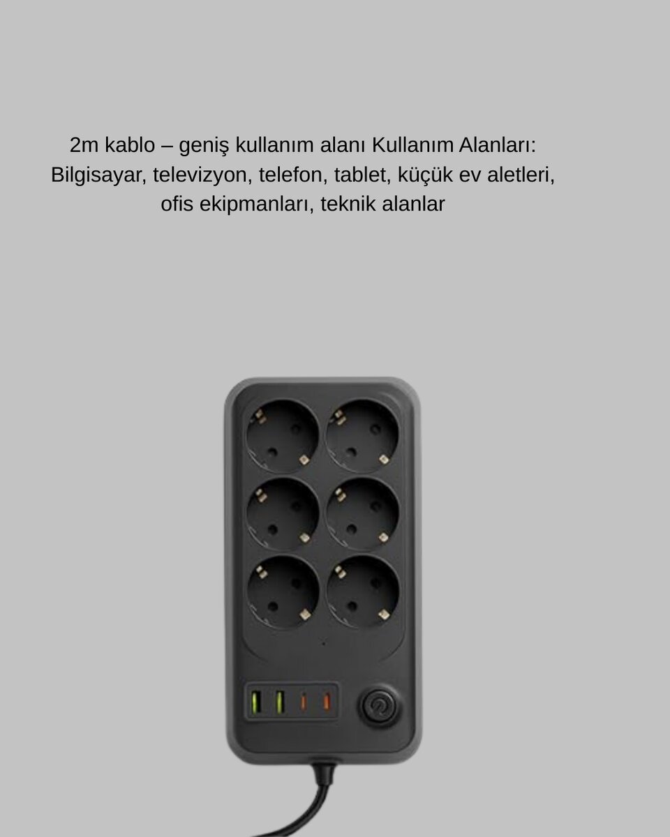 6 Prizli Çoklu Uzatma Kablosu USB Type-C Hızlı Şarj Termal Koruma 6 Prizli Çoklu Uzatma Kablosu USB Type-C Hızlı Şarj Termal Koruma