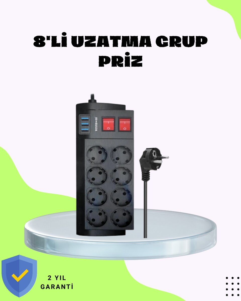 Termal Korumalı 8 Prizli 3 USB’li Uzatma Kablosu Termal Korumalı 8 Prizli 3 USB’li Uzatma Kablosu
