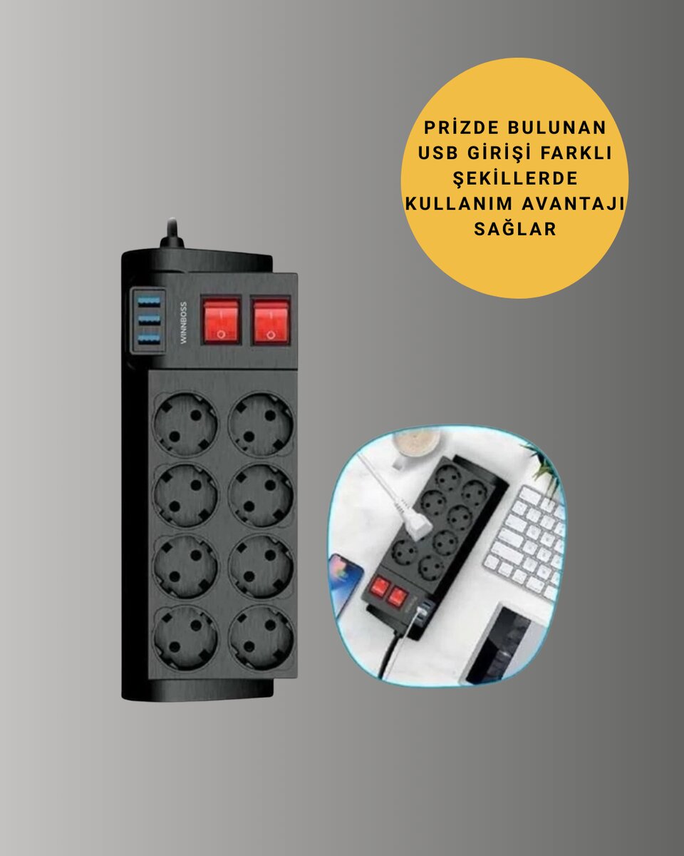 Termal Korumalı 8 Prizli 3 USB’li Uzatma Kablosu Termal Korumalı 8 Prizli 3 USB’li Uzatma Kablosu