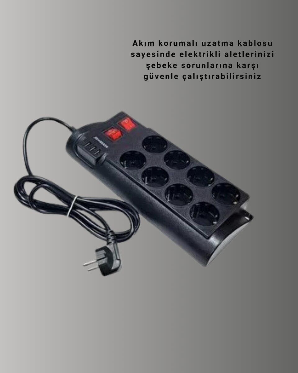 Termal Korumalı 8 Prizli 3 USB’li Uzatma Kablosu Termal Korumalı 8 Prizli 3 USB’li Uzatma Kablosu