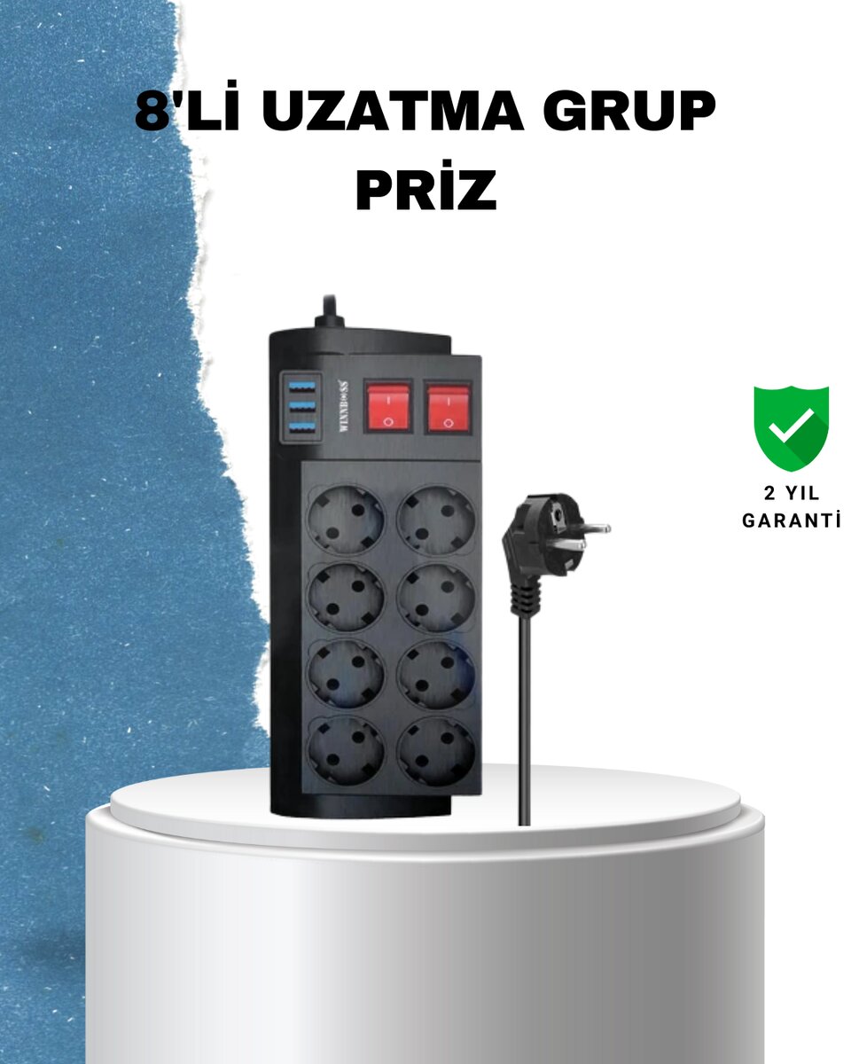 2 Metre Güçlü Çoklu Priz 8 Soket 2 Metre Güçlü Çoklu Priz 8 Soket