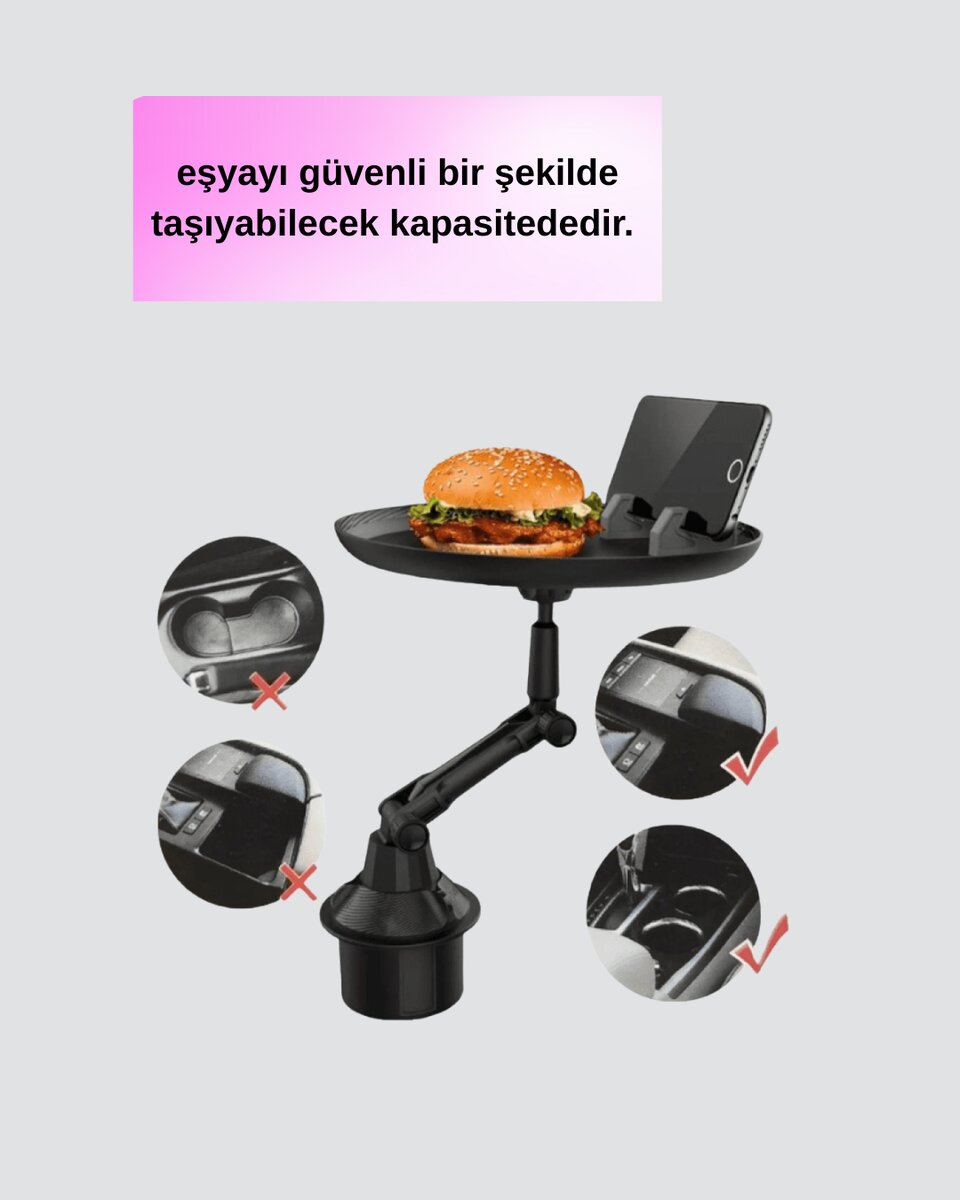 360° Döner Araç Bardaklık Tepsisi Geniş Yemek Alanlı Telefon Standlı 360° Döner Araç Bardaklık Tepsisi Geniş Yemek Alanlı Telefon Standlı