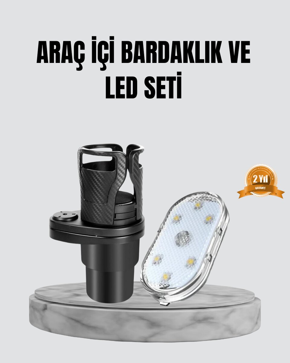 360° Döner Çiftli Bardak Tutucu ve Kablosuz Ambiyans LED Işık Araç Seti 360° Döner Çiftli Bardak Tutucu ve Kablosuz Ambiyans LED Işık Araç Seti