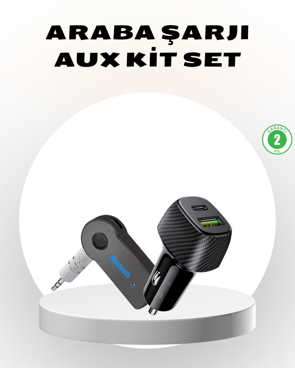 Bluetooth AUX Çevirici ve PD Destekli Araç Şarj Cihazı 2’li Set Bluetooth AUX Çevirici ve PD Destekli Araç Şarj Cihazı 2’li Set