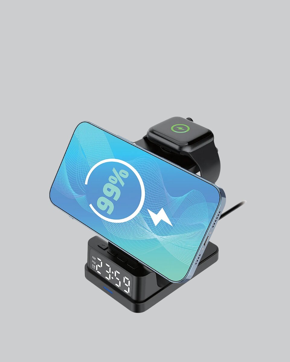Dijital Saatli Kablosuz Şarj İstasyonu – 3’ü 1 Arada Apple Uyumlu Hızlı Şarj ve LED Ekran Dijital Saatli Kablosuz Şarj İstasyonu – 3’ü 1 Arada Apple Uyumlu Hızlı Şarj ve LED Ekran