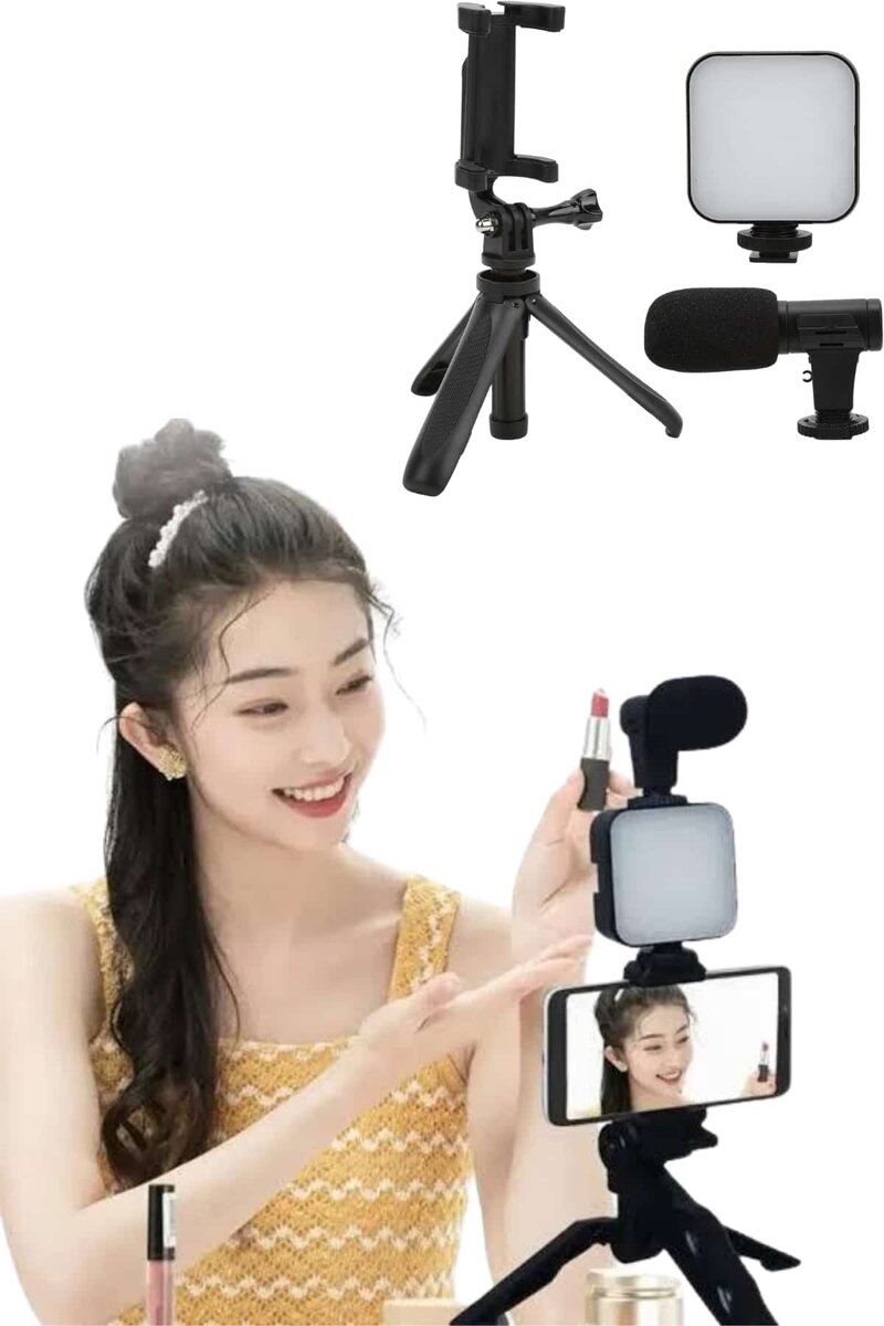 Tripod Telefon Tutucu Kumandalı Mikrofon Led Işık Vlog Video Kayıt Tripod Telefon Tutucu Kumandalı Mikrofon Led Işık Vlog Video Kayıt