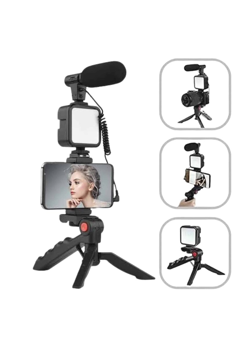 Akıllı Telefon Vlog Kiti Tripod Mini Mikrofonlu Telefon Tutucu Akıllı Telefon Vlog Kiti Tripod Mini Mikrofonlu Telefon Tutucu