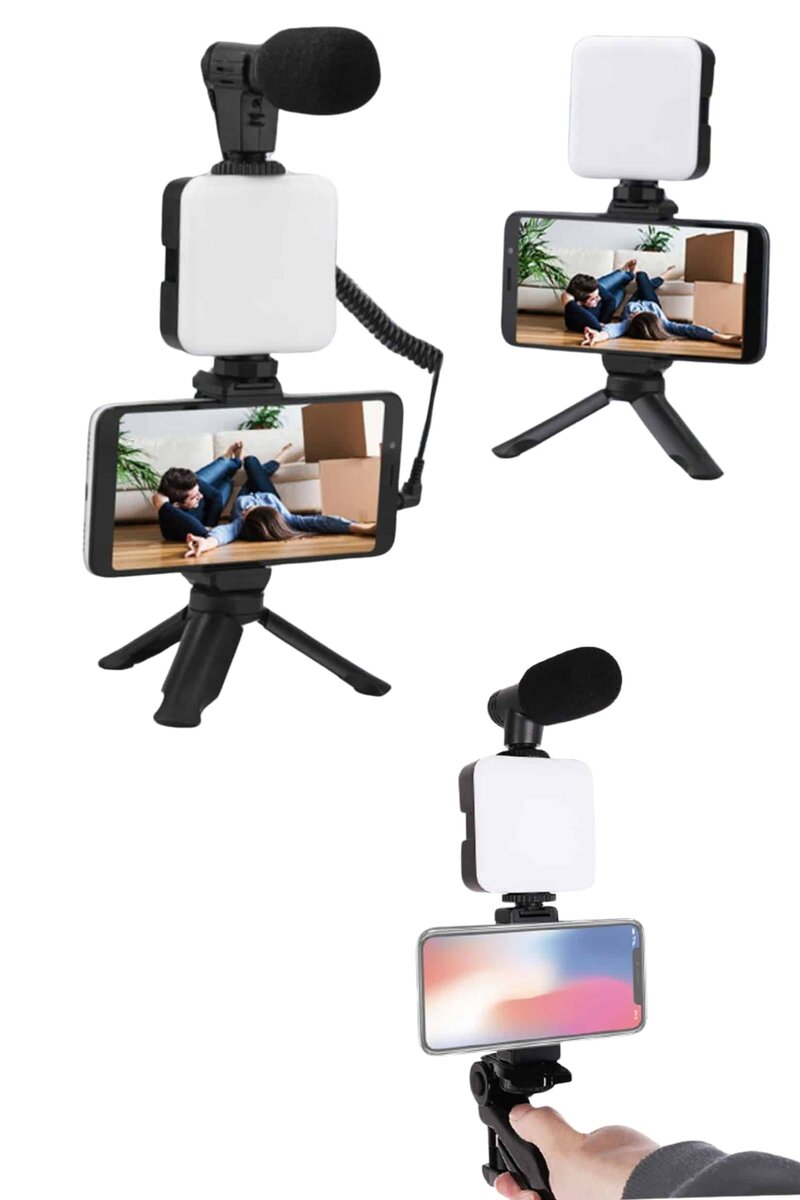 Akıllı Telefon Vlog Kiti Tripod Mini Mikrofonlu Telefon Tutucu Akıllı Telefon Vlog Kiti Tripod Mini Mikrofonlu Telefon Tutucu