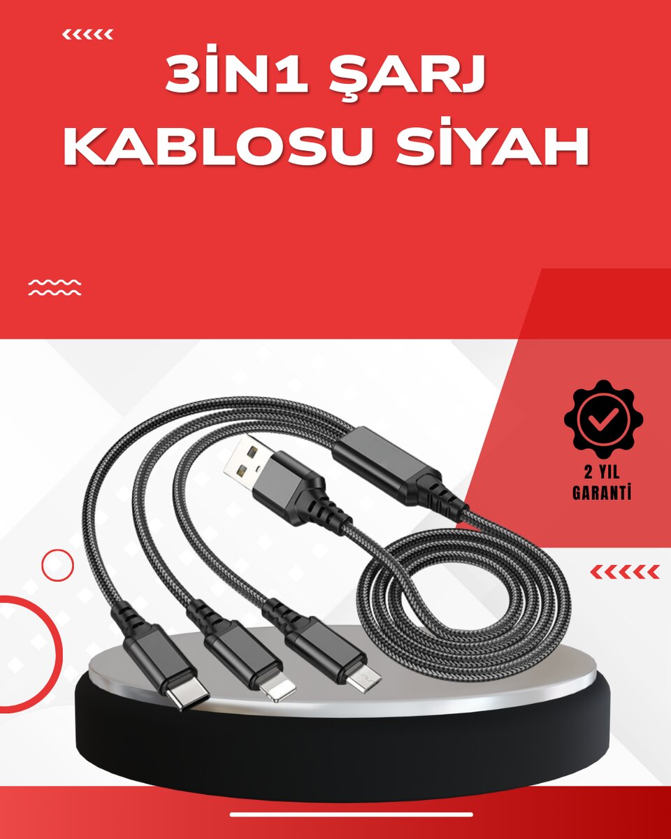 Dayanıklı Metal Başlıklı 3’ü 1 Arada Şarj Kablosu – Tüm Cihazlarla Uyumlu Dayanıklı Metal Başlıklı 3’ü 1 Arada Şarj Kablosu – Tüm Cihazlarla Uyumlu