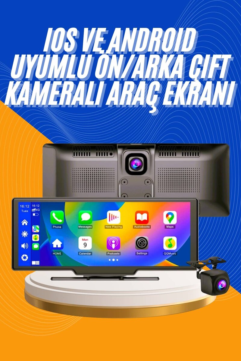 Android ve İOS Uyumlu Ön Arka Çift Kameralı Araç Ekranı Dokunmatik CarPlay Android ve İOS Uyumlu Ön Arka Çift Kameralı Araç Ekranı Dokunmatik CarPlay