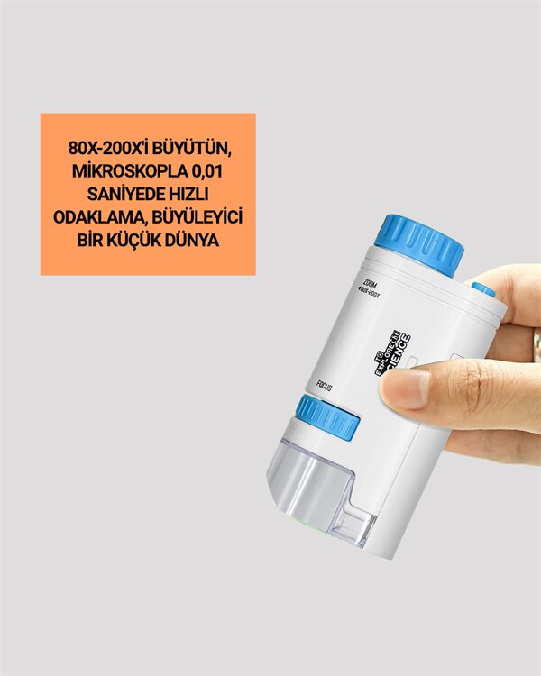 LED Aydınlatmalı 80–200 Kat Büyütmeli Cep Mikroskop