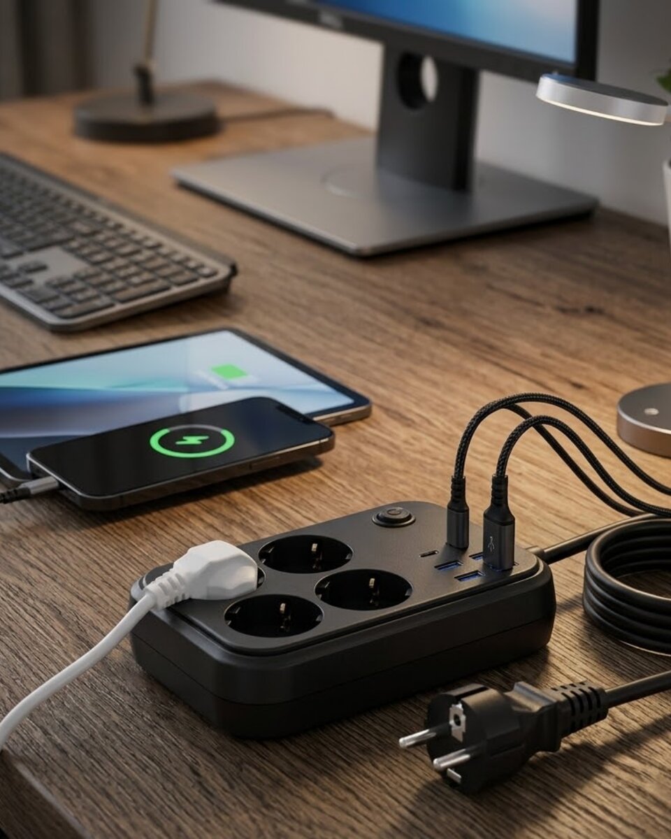 Termal Korumalı Uzatma Kablosu 4 Priz USB ve Type C Çoklu Şarj İstasyonu Termal Korumalı Uzatma Kablosu 4 Priz USB ve Type C Çoklu Şarj İstasyonu