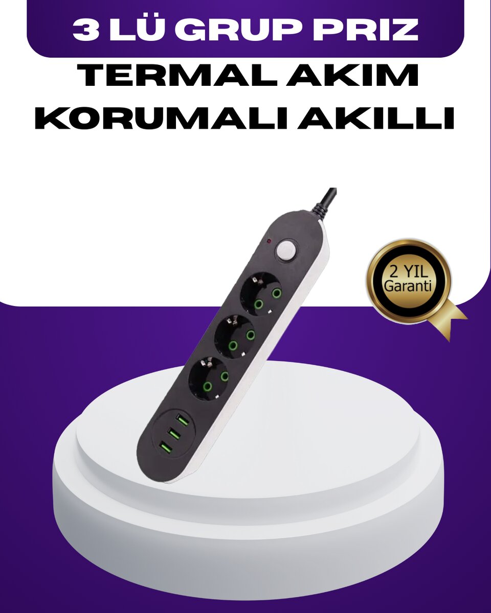 USB Yuvalı Anahtarlı Üçlü Priz 2 Metre Kablolu USB Yuvalı Anahtarlı Üçlü Priz 2 Metre Kablolu