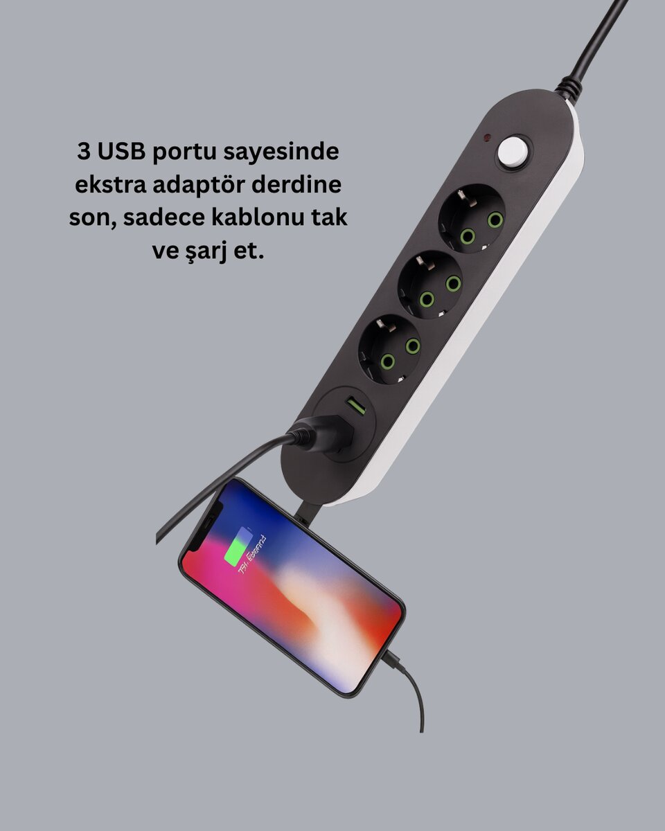 USB Yuvalı Anahtarlı Üçlü Priz 2 Metre Kablolu USB Yuvalı Anahtarlı Üçlü Priz 2 Metre Kablolu