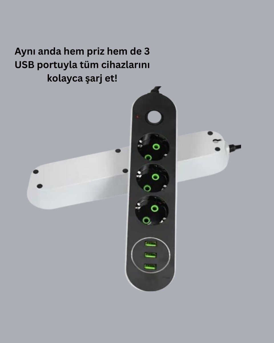 2 Metre Kablolu 3 USB Portlu Anahtarlı Üçlü Priz