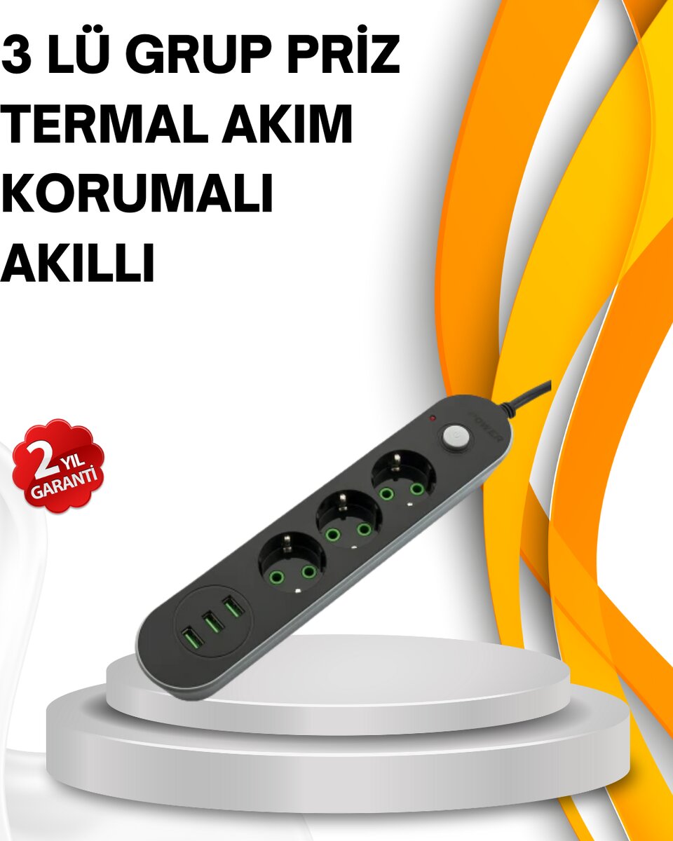 Hızlı Şarj Özellikli 3 USB Girişli Üçlü Priz Hızlı Şarj Özellikli 3 USB Girişli Üçlü Priz