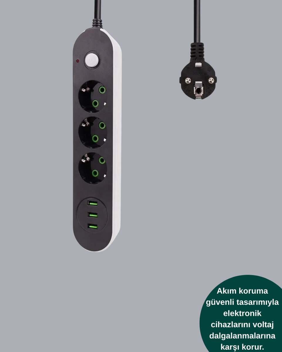 USB Yuvalı Anahtarlı Üçlü Priz 2 Metre Kablolu USB Yuvalı Anahtarlı Üçlü Priz 2 Metre Kablolu