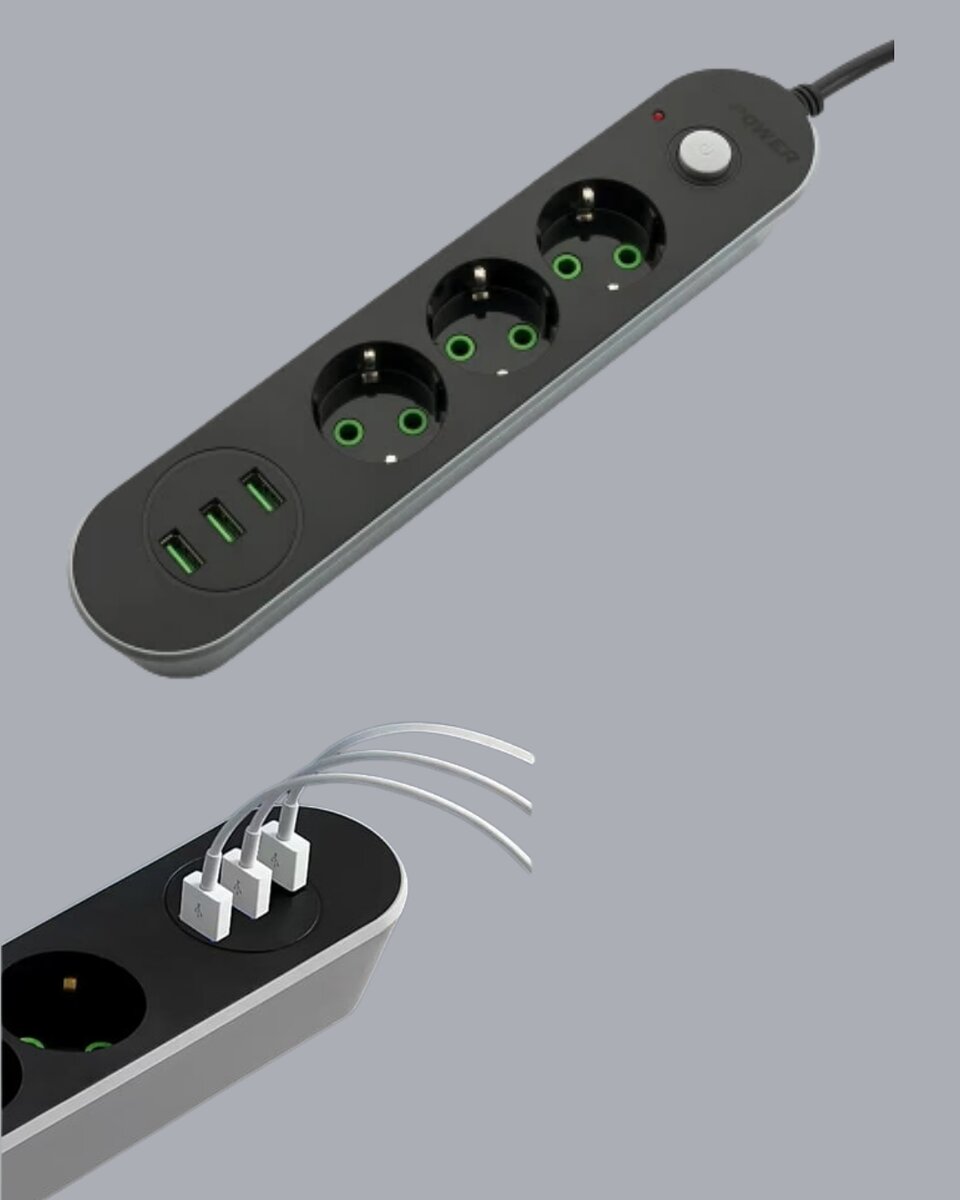 USB Yuvalı Anahtarlı Üçlü Priz 2 Metre Kablolu USB Yuvalı Anahtarlı Üçlü Priz 2 Metre Kablolu