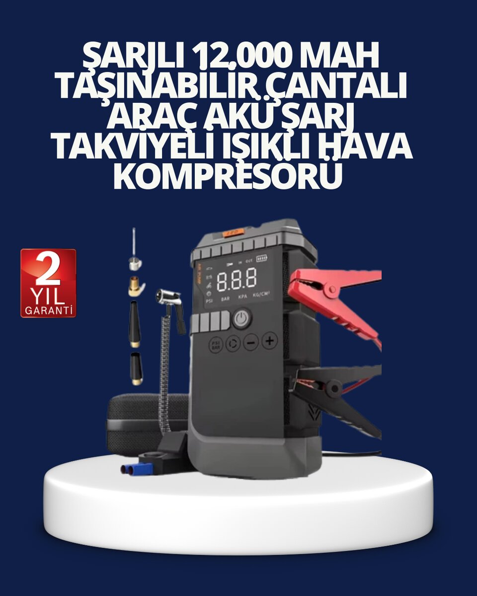 Şarjlı 12000 mAh Araç Akü Takviye ve Hava Kompresörü 4’ü 1 Arada Şarjlı 12000 mAh Araç Akü Takviye ve Hava Kompresörü 4’ü 1 Arada