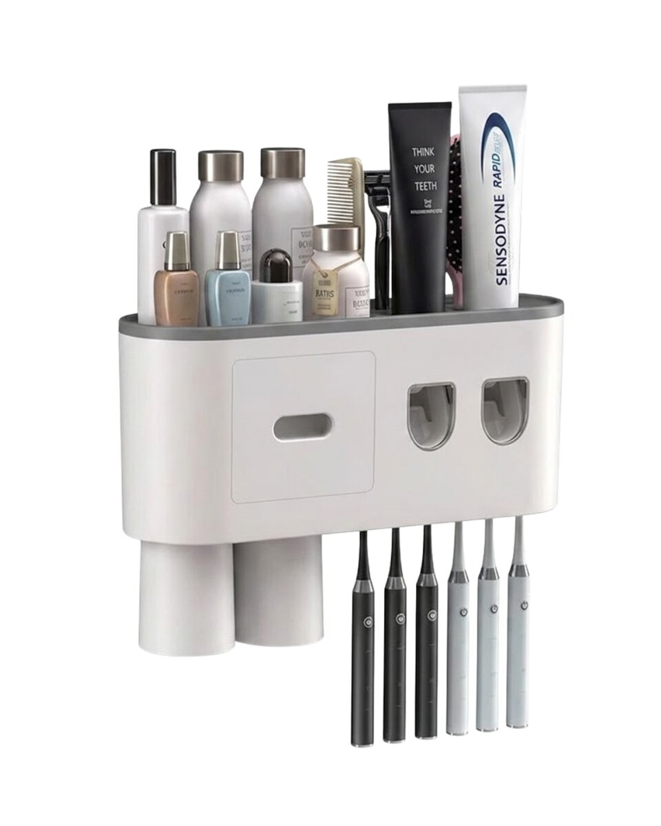 Çift Dispenserli Diş Macunu Sıkacağı 6 Fırçalık Bardaklı Banyo Organizer Çift Dispenserli Diş Macunu Sıkacağı 6 Fırçalık Bardaklı Banyo Organizer